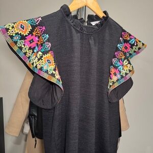 THML Women’s Black Knit Dress Boho Embroidered Cap Sleeves Keyhole Back